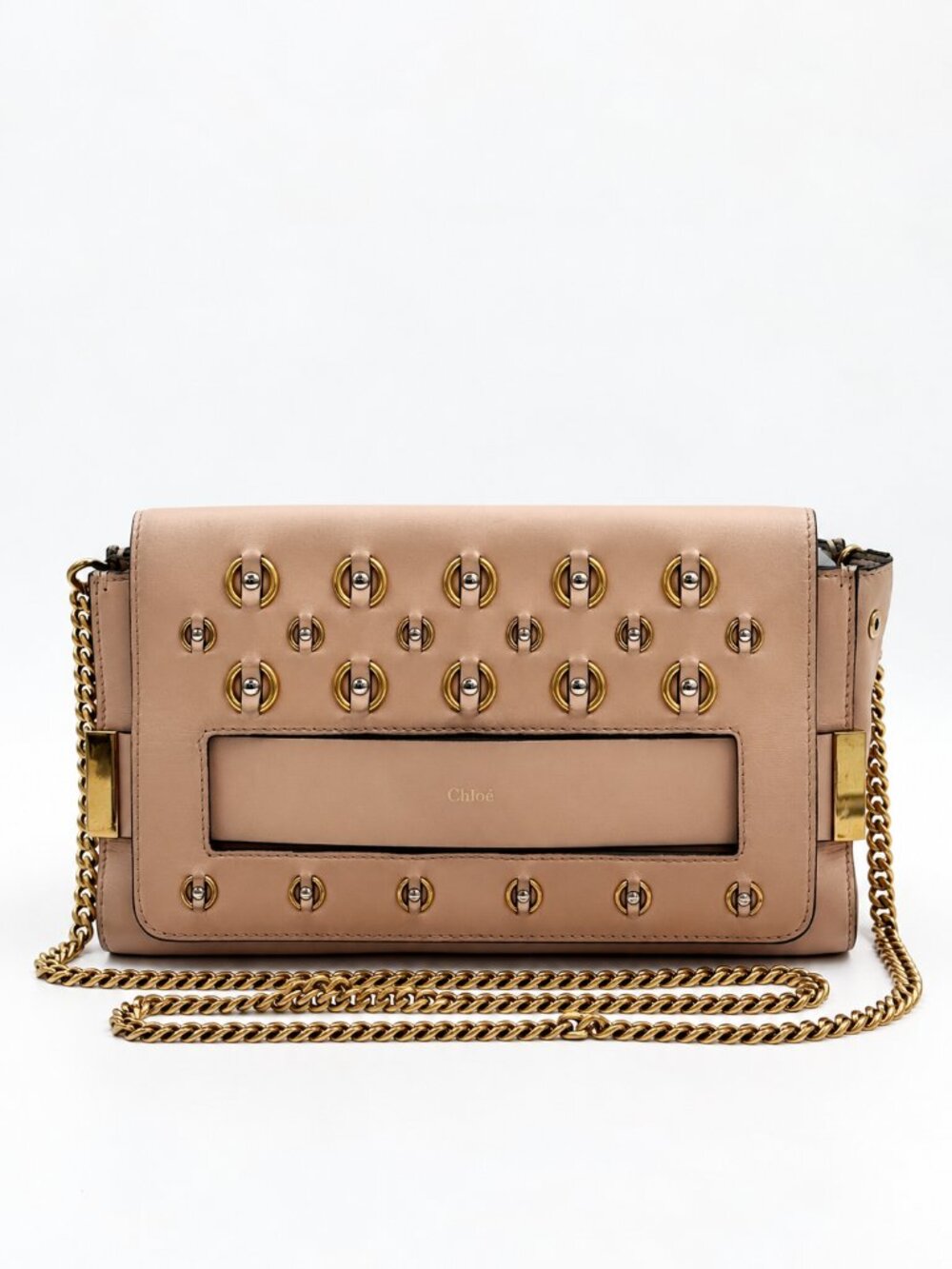 Chloe Nude Leather Gold Tone Studded Chain Shoulder Bag Crossbody Clutch